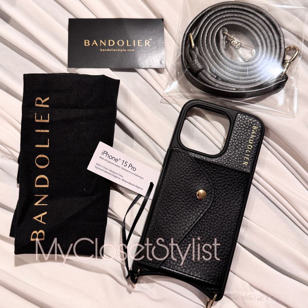 BANDOLIER SET 15 Pro Wallet Case Leather Crossbody Strap NEW! Black Gold Adjusts